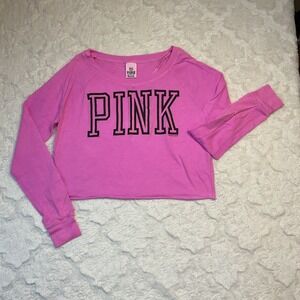 PINK Victoria's Secret Cropped Long‎ Sleeve Shirt Bright Pink Graphic Top XS